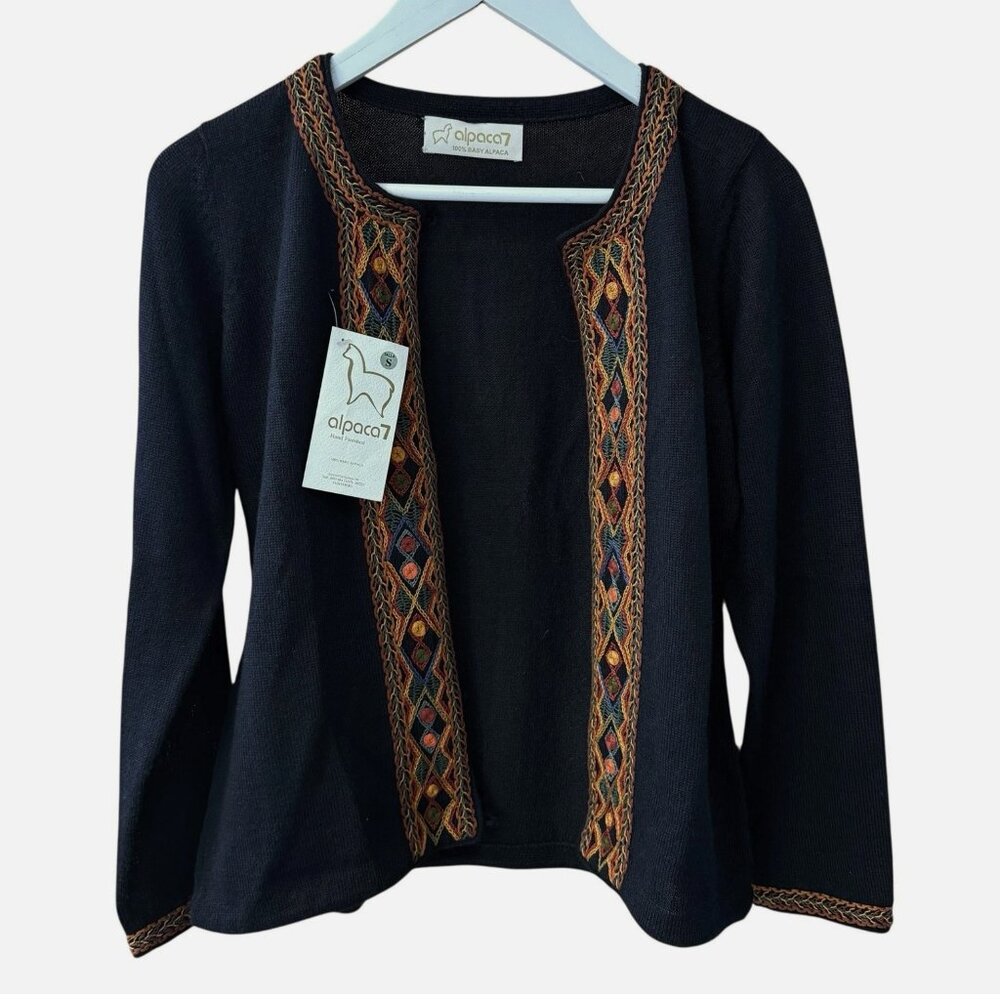 NWT 100% Peru Baby Alpaca Wool Embroidered Black Cardigan Sweater Women's size S